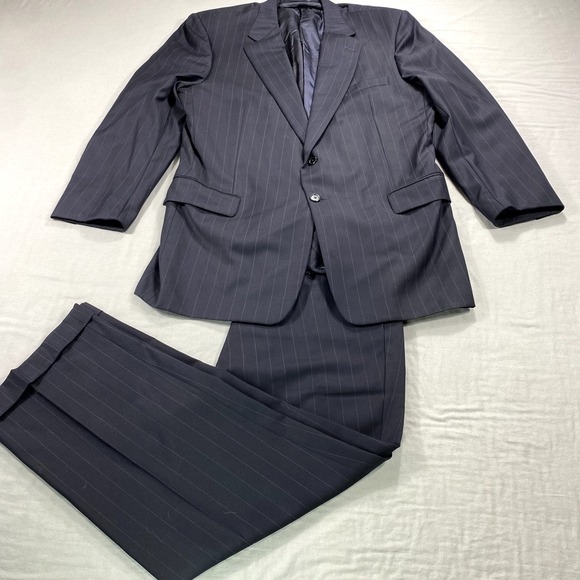 Hickey Freeman 2 Piece Suit Mens Blue Striped Wool Blazer 46L Pants 38x28.5